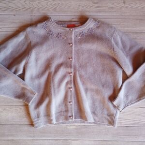 Liz Clairborne Gray lambs wool sweater Cardigan Beaded Snowflakes S Christmas